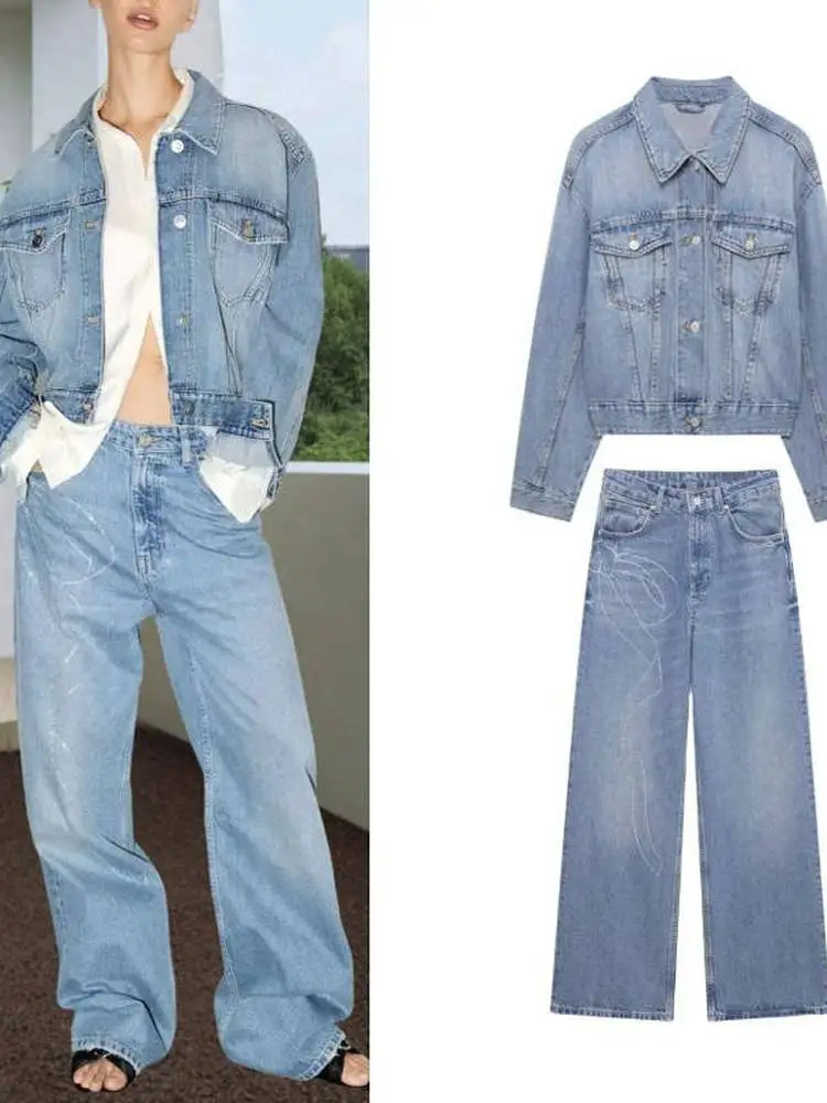 

Новый весенний джинсовый комплект, женский повседневный джинсовый комплект с воротником-стойкой 897079, брюки с высокой талией 668805, модный наряд, длинные брюки све