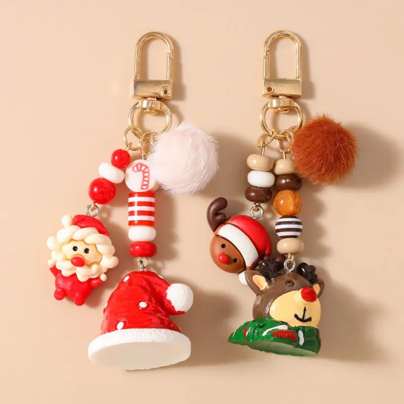 Christmas Reindeer Keychain, Holiday Hat, Santa Claus Keyring, Bag Charm