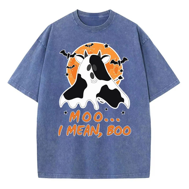 Halloween Cow Colored Ghost Print Women's Wash T-Shirt Loose Crew Neck Stretch Short Sleeve New Pop Unisex Top Funny