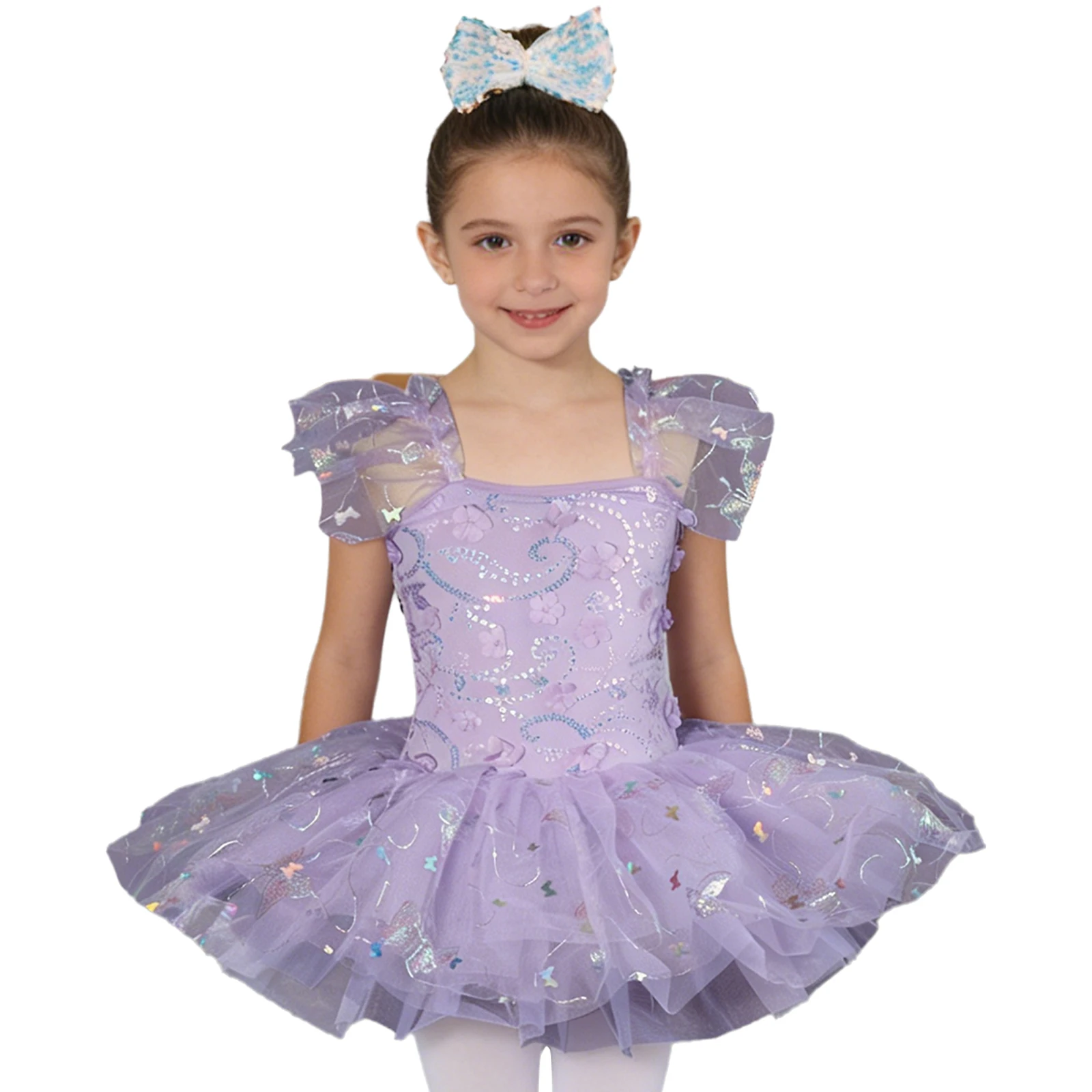 

Kids Girls Stylish Ballet Gymnastics Dance Performance Costume Set Ruffle Flower Princess Sequins Bodice Sparkly Butterfly Dress