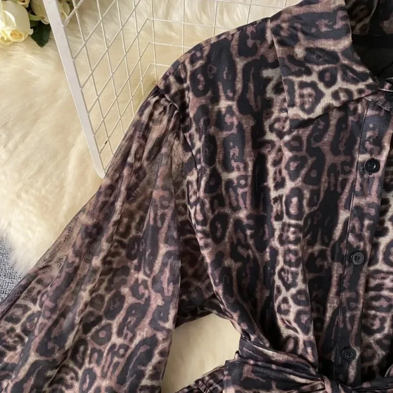 Vintage Casual Leopard Print Dress Turn-down Collar Lantern Sleeve Belt Slim Wasit Robe Cascading Ruffles A-line Vestidos