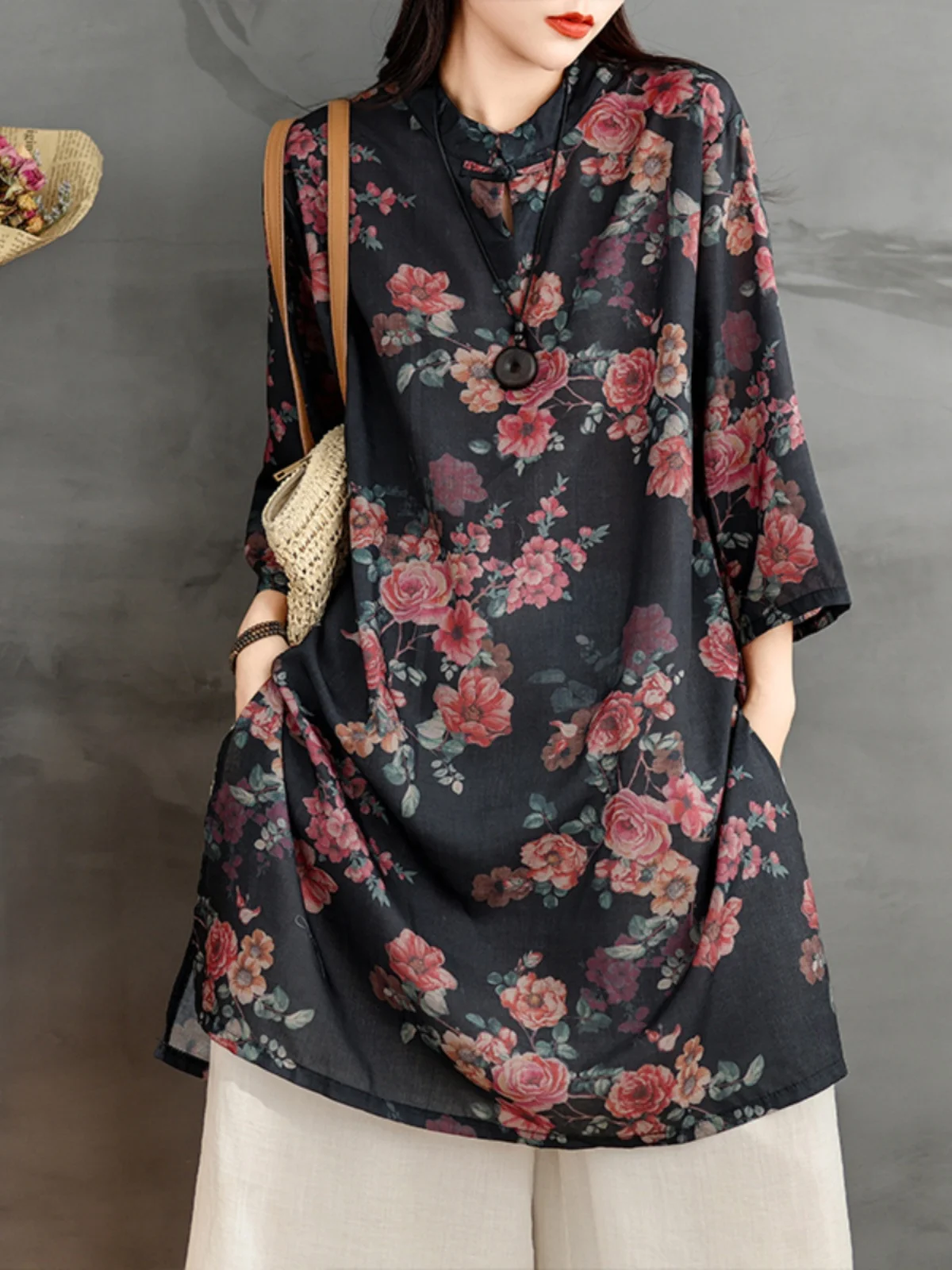 Damen Loose Fit Leinen Print irt Sommer Vintage Stehkragen Button up Midi Dr Casual Pendeln Sle Blumenstickerei