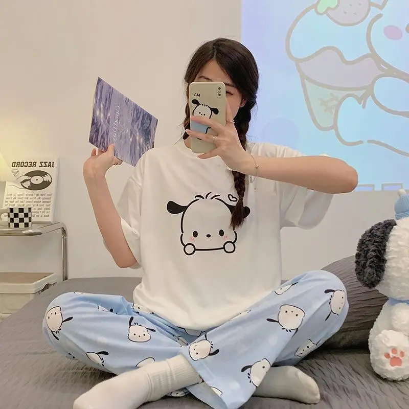 Pajama Set Hello Kitty Kuromi Melody Sanrio Spring and Autumn Women's Loose Round Neck Cute Home Clothes Simple Casual Two-piece