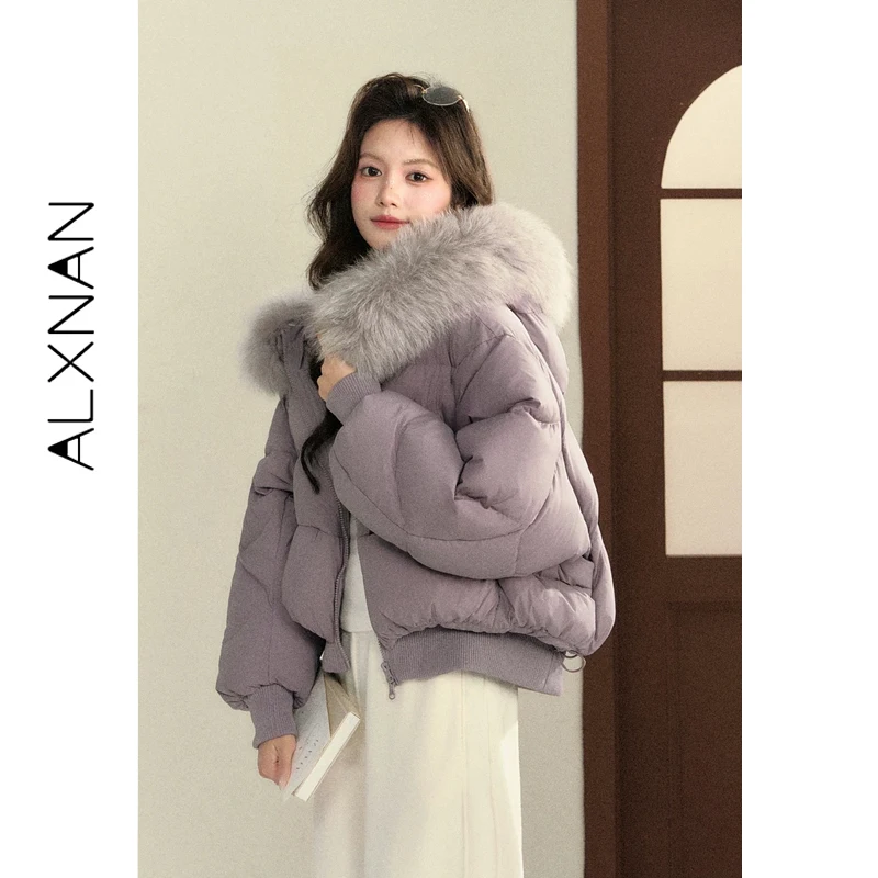 ALXNAN Women's Down Jacket Lightweight Padded Puffer Coat Short Thick Purple Parka Female Spring Outerwear with Fur Hood L601118