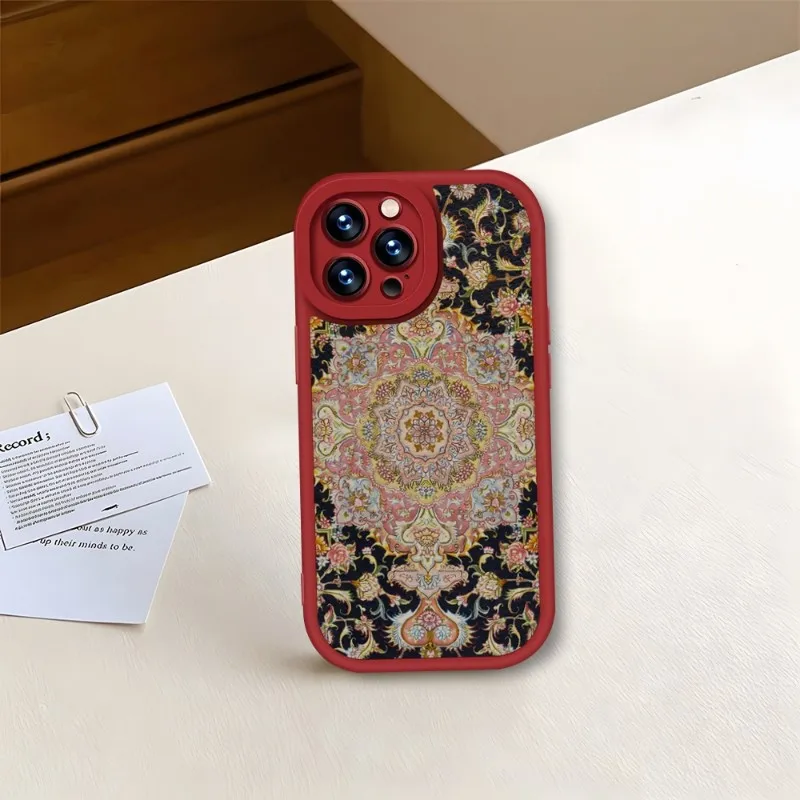 Funda de teléfono con patrón Floral de alfombra persa roja para IPhone, 11, 13, 14, 12 Pro Max, Mini, Xs, X, Xr, 7, 8 Plus, SE2020, textura de cuero