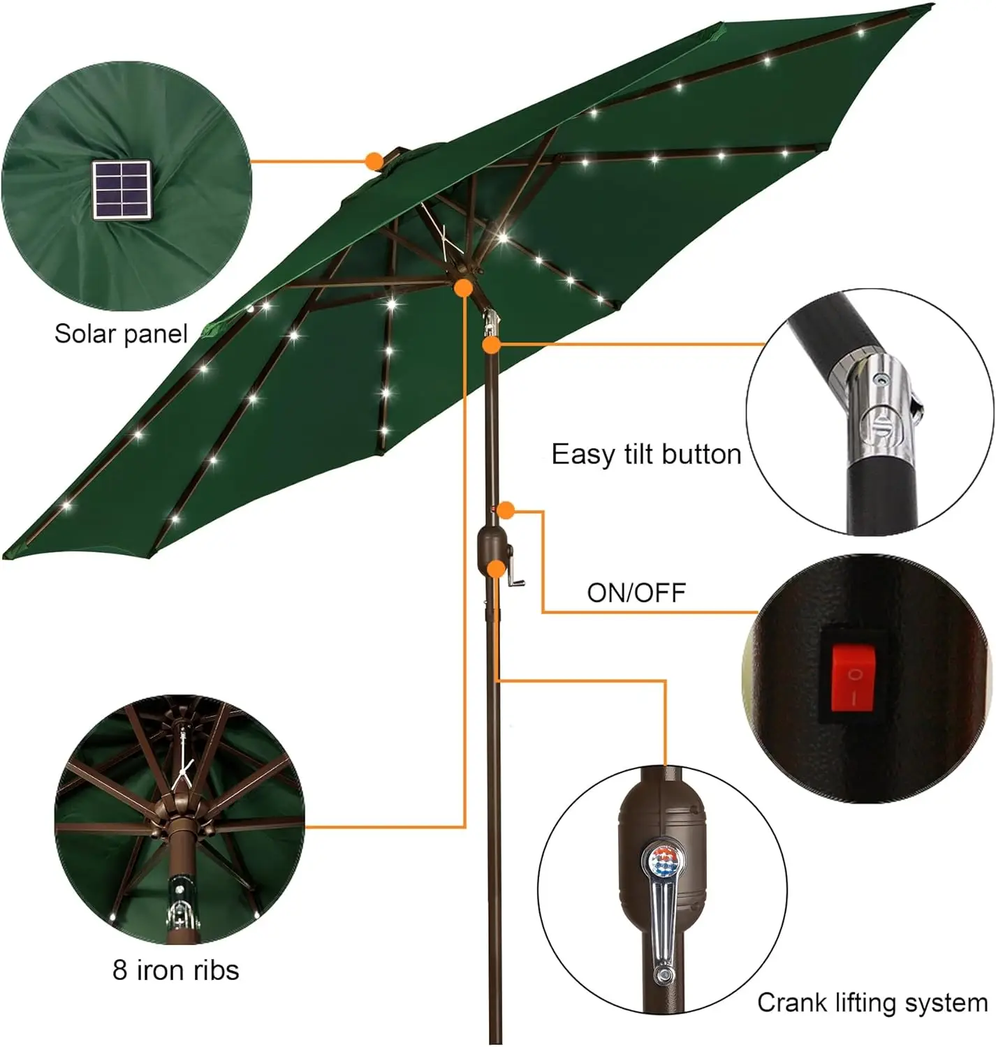 9 ft Solar Umbrella, 32 LED Lighted Patio Umbrella, Table Market Umbrella, Outdoor Umbrella for Garden, Deck, Backyard