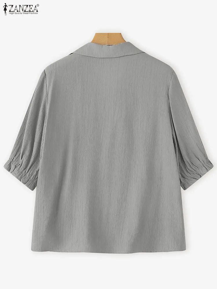 Outono blusas zanzea elegante ol blusa moda com decote em v camisas femininas 2025 casual 3/4 puff manga sólida coreano oversized túnica topos