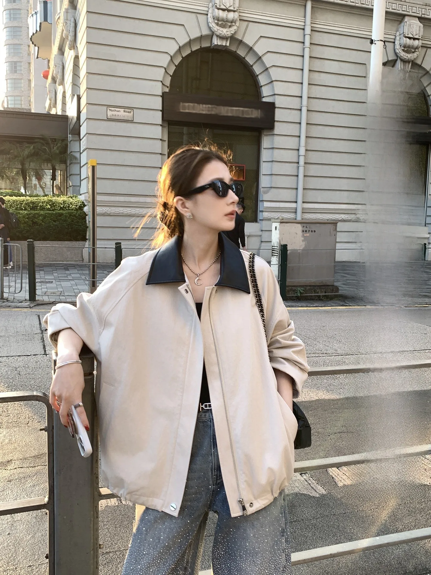 

Aboutpoem Vintage Sle Workwear Jaet Color Blo PU Leather Lapel oulder Drop Cords Hem Women's Spring Cotton Blend Coat