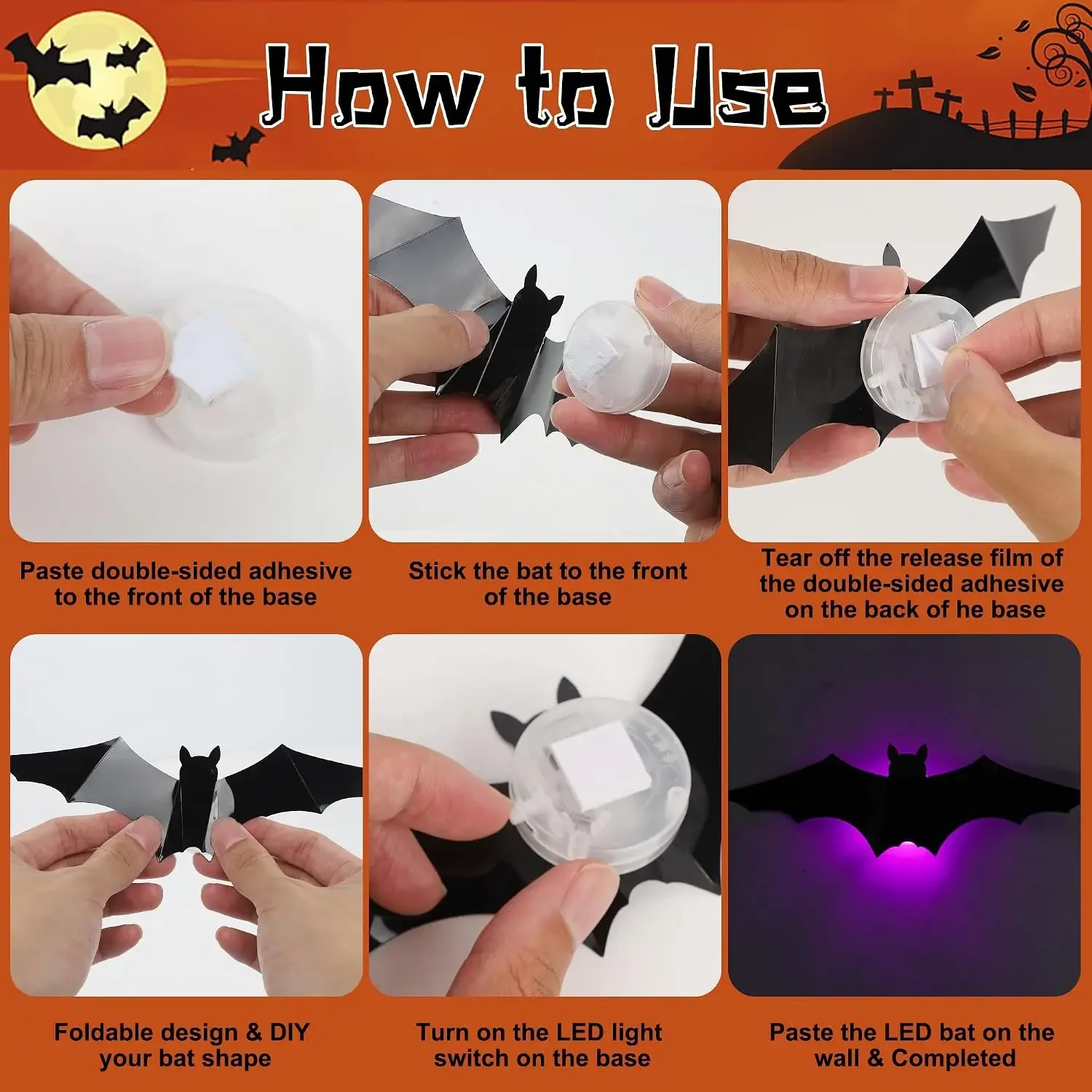 1-4 Sets Halloween-Wandaufkleber mit LED-Beleuchtung, leuchtende Fledermäuse und Spinnen, gruselige Partydekorationen für Spukhäuser, Aufkleber für Innenräume – Detail 5