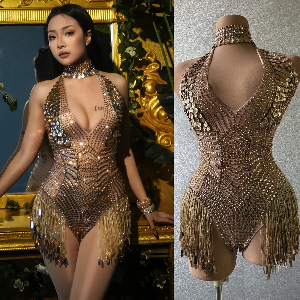 2024 Gouden Kristallen Lovertjes Kwast Podiumshow Danseres Leotard Lady Rugloze Jumpsuits Club Party Outfits Vrouwen Strass Bodysuits