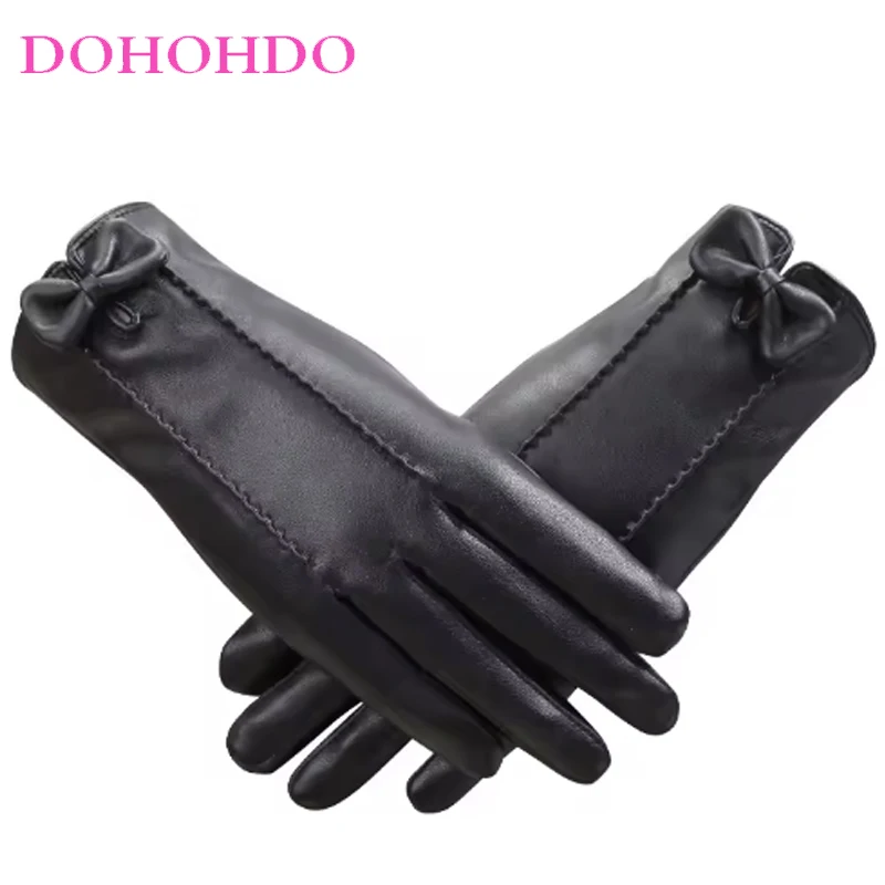 

New Ladies Touch-screen PU Leather Winter Gloves Plus Velvet Warm Cycling Outdoor Driving Fashion Cute Bow Gloves Black Gloves