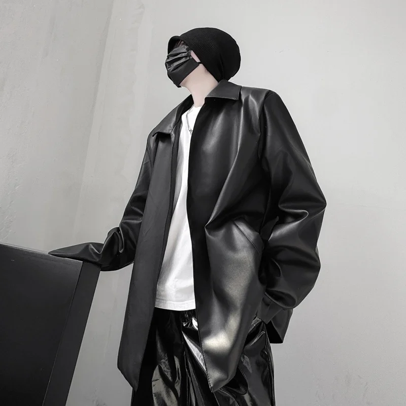 

Ретро коврик, мужская куртка из искусственной кожи, повседневное шикарное мотоциклетное пальто с открытой передней частью, длинная ветрозащитная осенняя одежда