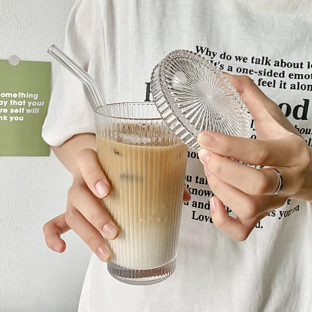 375Ml Simple Stripe Glass Cup With Lid and Straw Transparent Bubble Tea Cup Juice Glass Beer Can Milk Mocha Cups Breakfast Mug image 2