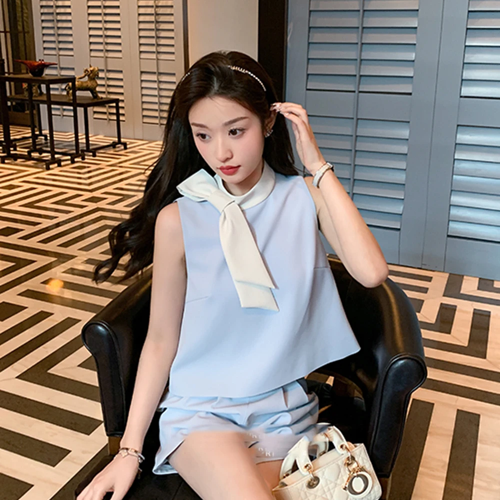 Ladies Clothing Summer 2024 Two Piece Set Women Tank Tops Sleeveless Camis + Slim High Waist Shorts Sweet Elegant Female Suits