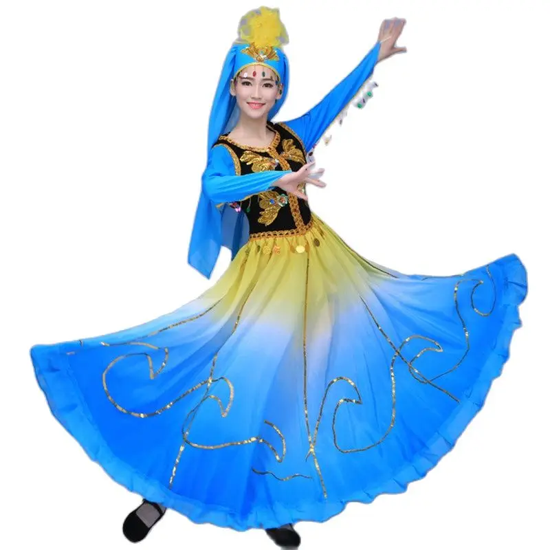 Chinese Folk Dance Costumes Xinjiang National Female Clothes Oriental Stage Dress Colorful Performance Wear