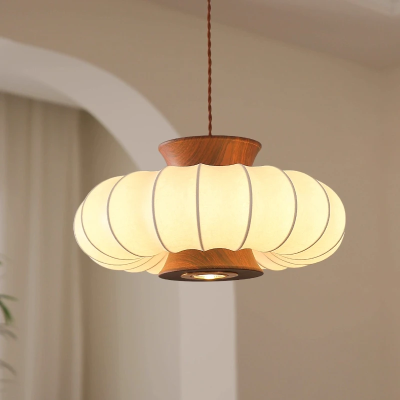 

French Medieval Restaurant Ceiling Pendant Lights LED E27 Solid Wood Silk Art Hanging Lamps Living/Tea Room Bedroom Kitchen Cafe