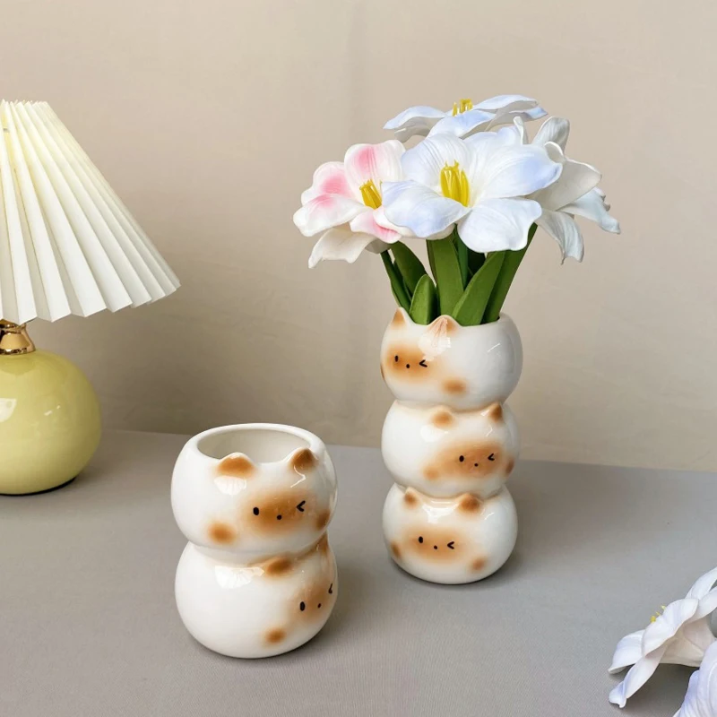 Creative Flower Arrangement Storage Holder Ceramic Siamese Cat Vase Living Room Bedroom Decoration Ornaments Flower Pot
