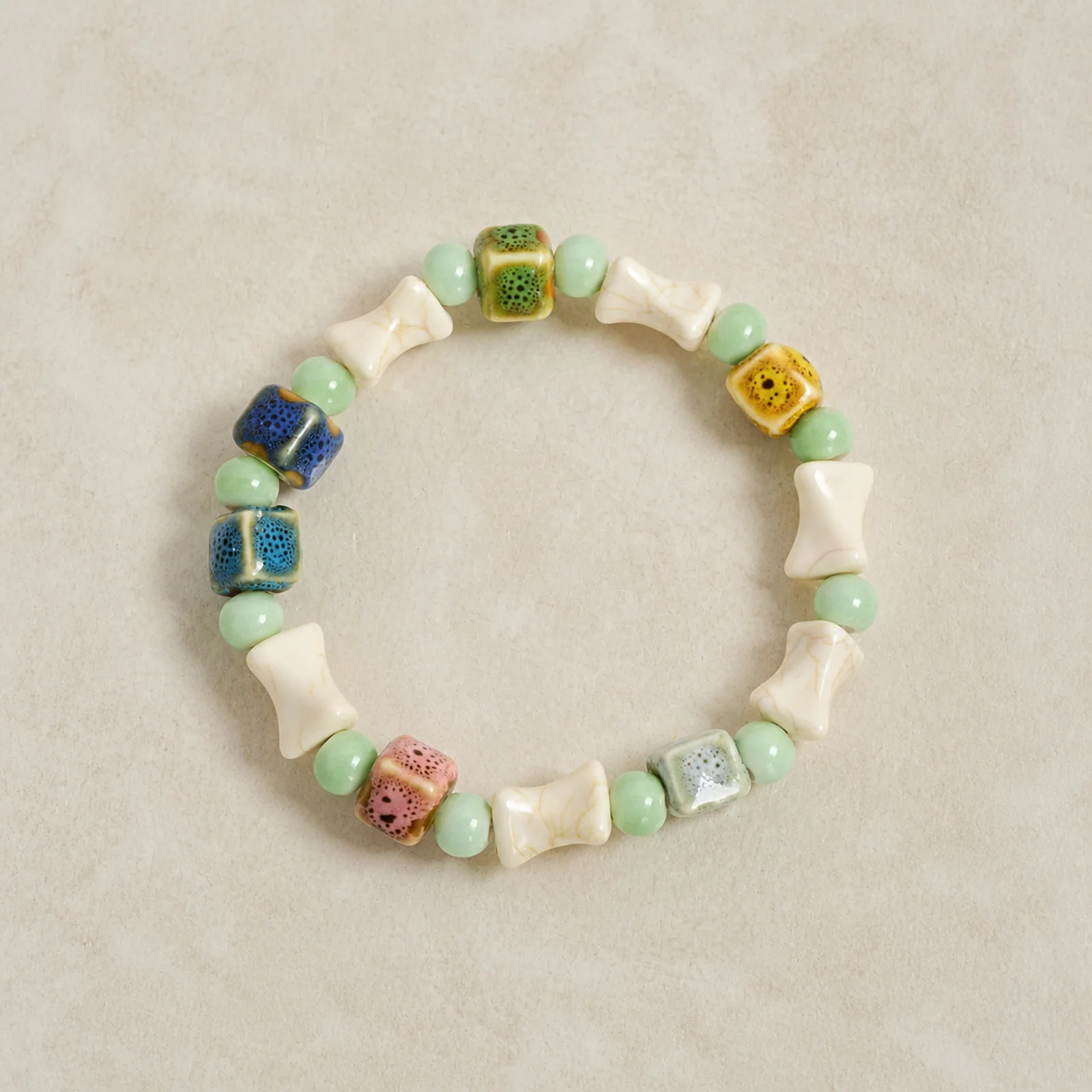 Handmade Ceramic Bone and Cube Bead Bracelet Elastic Cord Handwoven Jewelry Beaded Wrist Accessory Charm 608P9-08