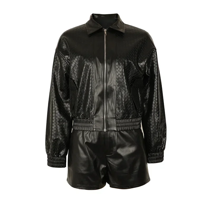 Doyerl PU kunstleer tweedelige set dames herfst winter rits lange mouw jas jas en shorts bijpassende sets outfits ensemble