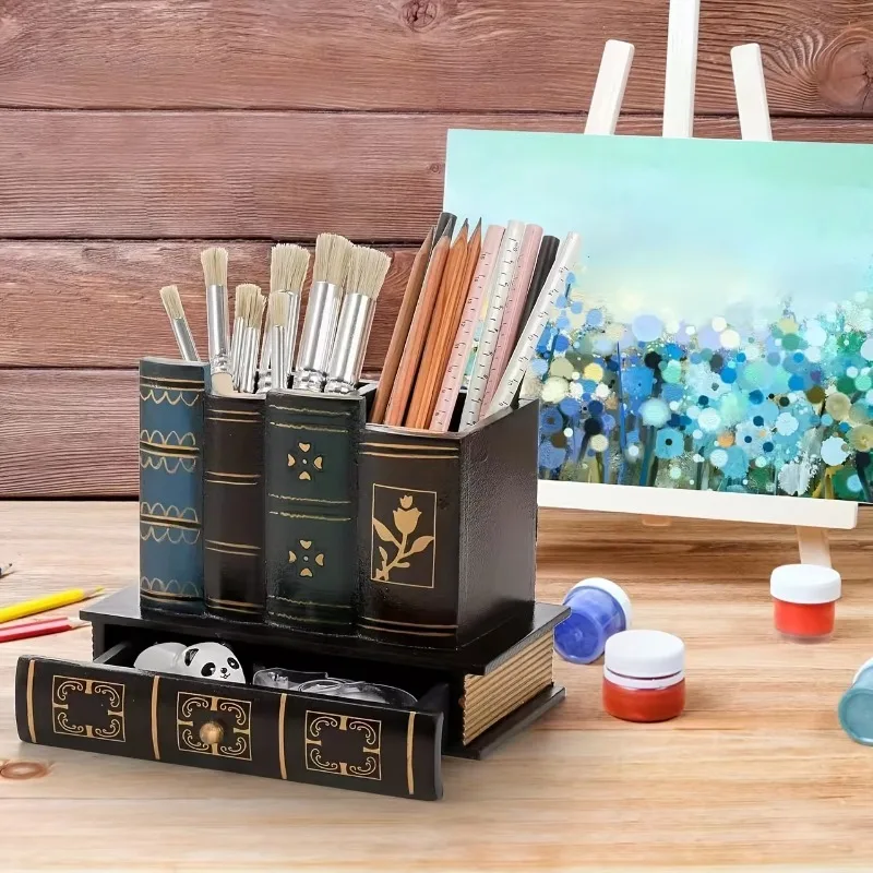 1pc Vintage European Wooden Pen Holder - Creative Desk Organizer and Decorative Storage Box Home Office Organization and Storage