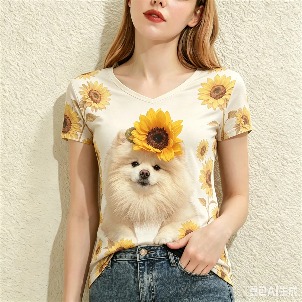 Funny Dog Pattern Women's V-neck T-shirts Summer Loose Short Sleeve Tees Fashion 3D Sunflower Print Tops Casual Female Clothing