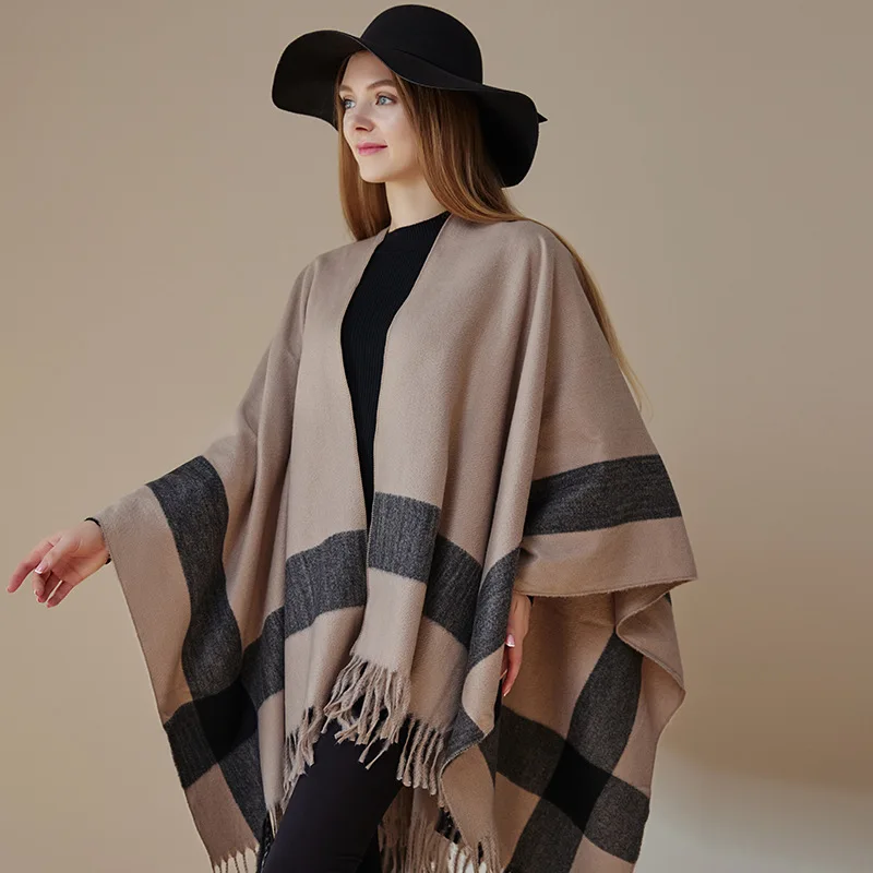 Artificial Cashmere Women\'s Shawl Printed Grid Slit Warm Double-sided Bat Shaped Knitted Cape for Autumn and Winter