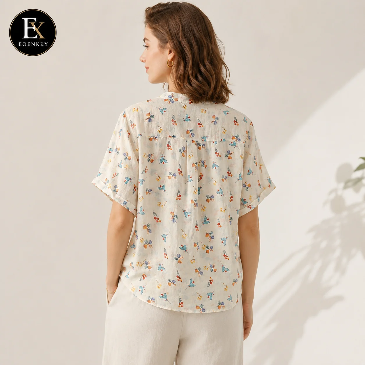 EOENKKY Women Floral Print Cotton Linen Blouse Short Sleeve Button Front Shirt Loose Fit Round Neck Summer Casual Vintage Tops 3
