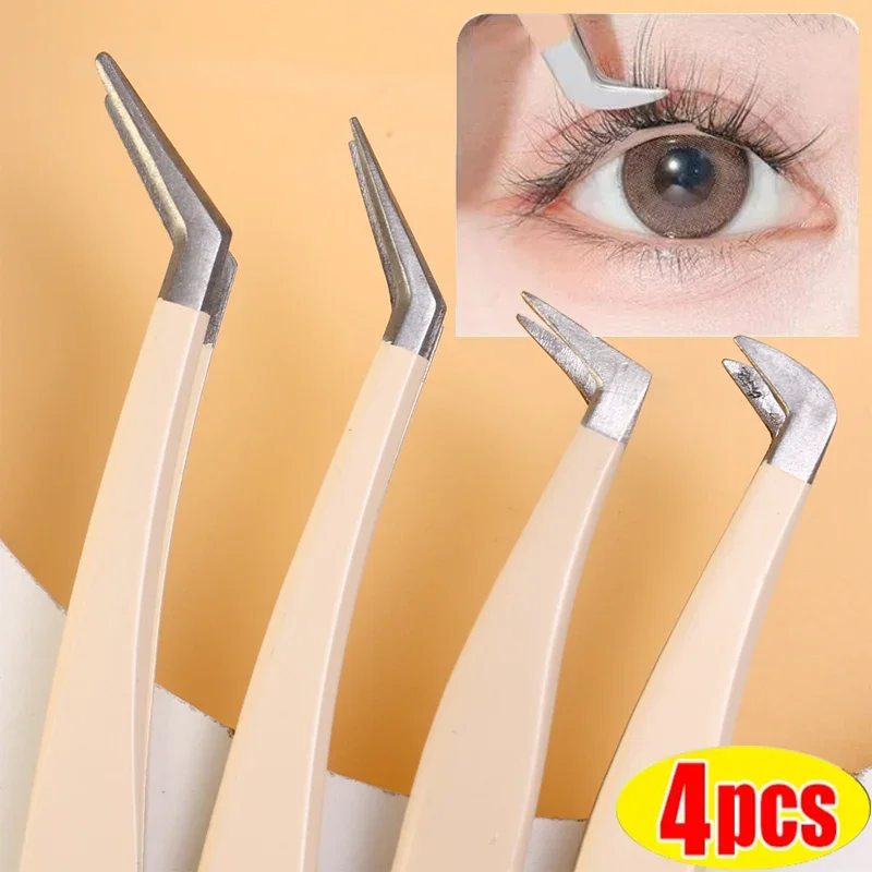 

1-4PCS Stainless Steel Eyelash Tweezers Multifunctional Aids Anti-static Curved Strip Grafting Eyelash Extension Tweezer Makeup