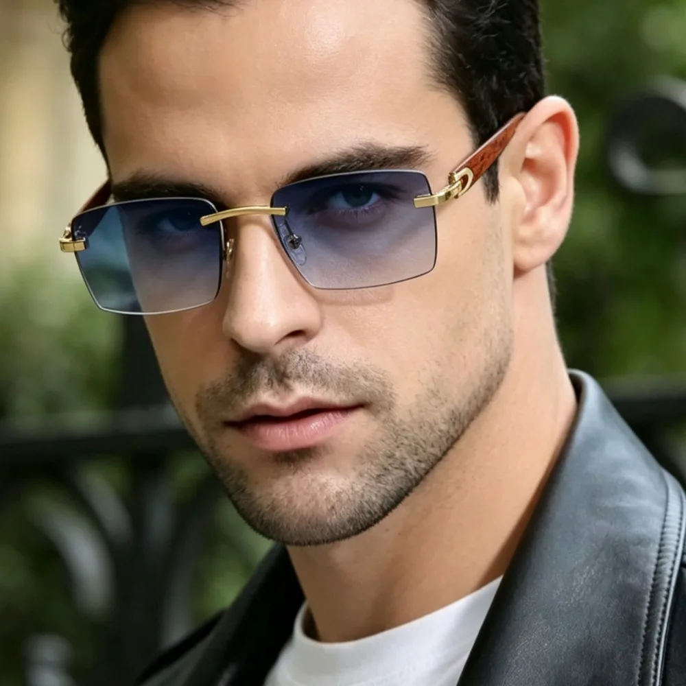 Trendige Rahmenlose Retro-Sonnenbrille mit Holzständer, Kleine Quadratische Sonnenbrille für Herren und Damen, UV4000-Schutz