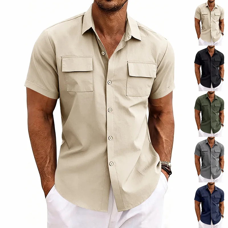 Men Summer Lap Collar Double Chest Pocket Short Sleeve Cargo Shirt Loose Lightweight Daily Casual Work Button Down Tops
