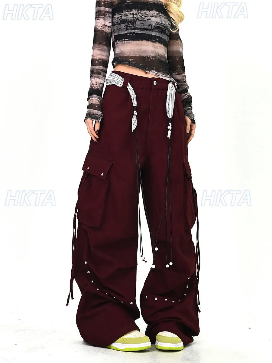 Sweet Cool Streetwear Stitching Tooling Casual Pants 2026 Summer Autumn Loose Personality Pocket Wide Leg Pants Women Trousers