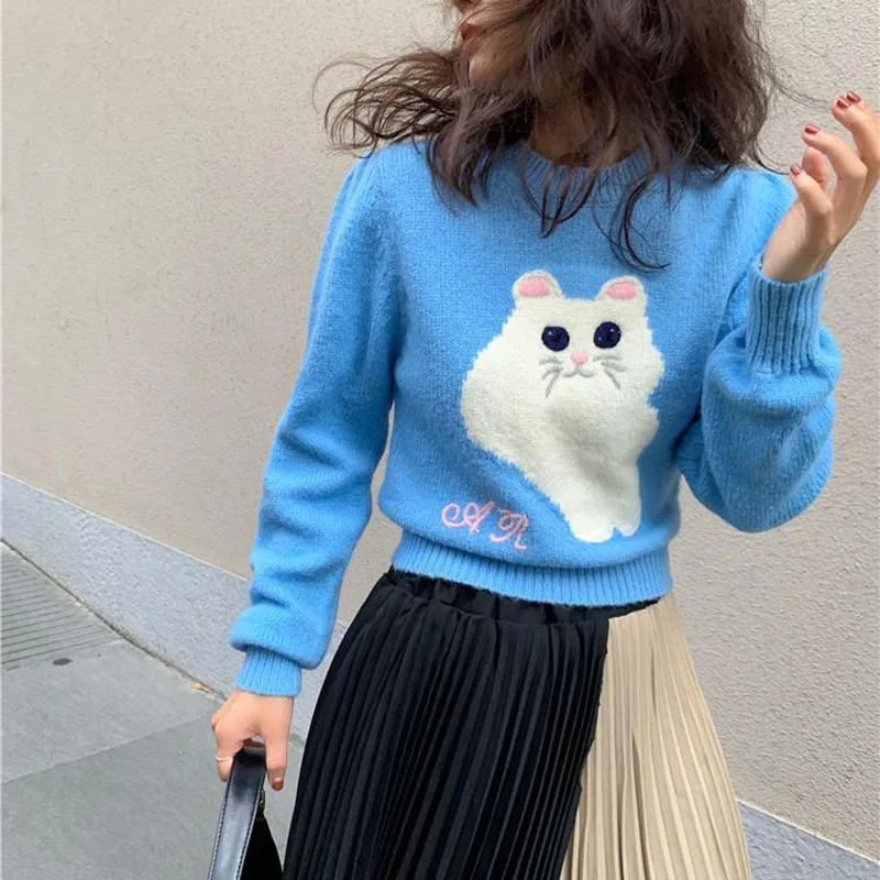 Cartoon Cat Knitwear Pullovers Sweater Women Spring O Neck Blue Sweater Jumper Female Long Sleeve Soft Knit Sweater For Women