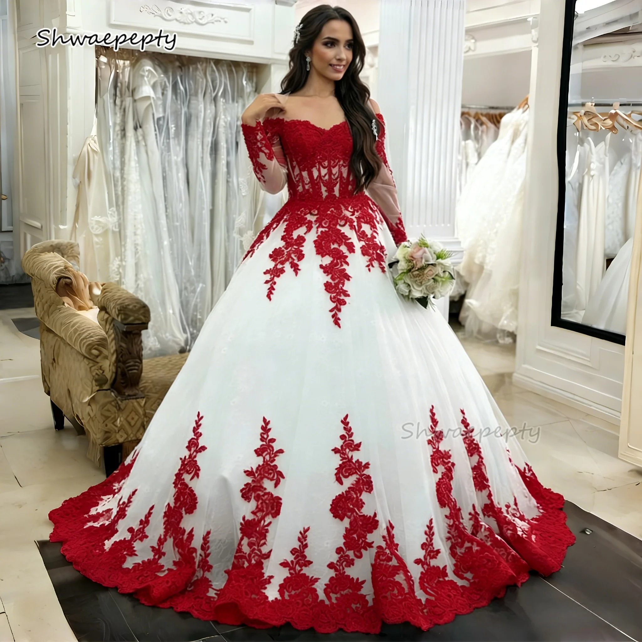 Weißes und rotes Hochzeitskleid, A-Linie, Garten-Brautkleider, schulterfrei, lange Ärmel, elegantes Brautkleid, individuell gestaltet