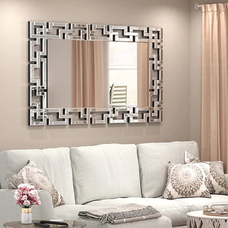 For European Living Room Wall Art Wooden Decorative Mirror Large Luxury Entrance Console Wall Hanging Square Wall Mirror