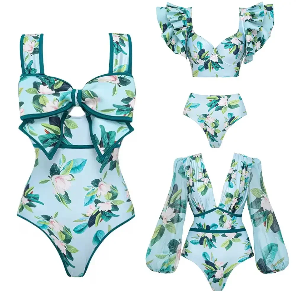 

FLAXMAKER Bow Decor Mangnolia Print One Piece Swimsuit Women Beachwear Luxury Bathing Suit