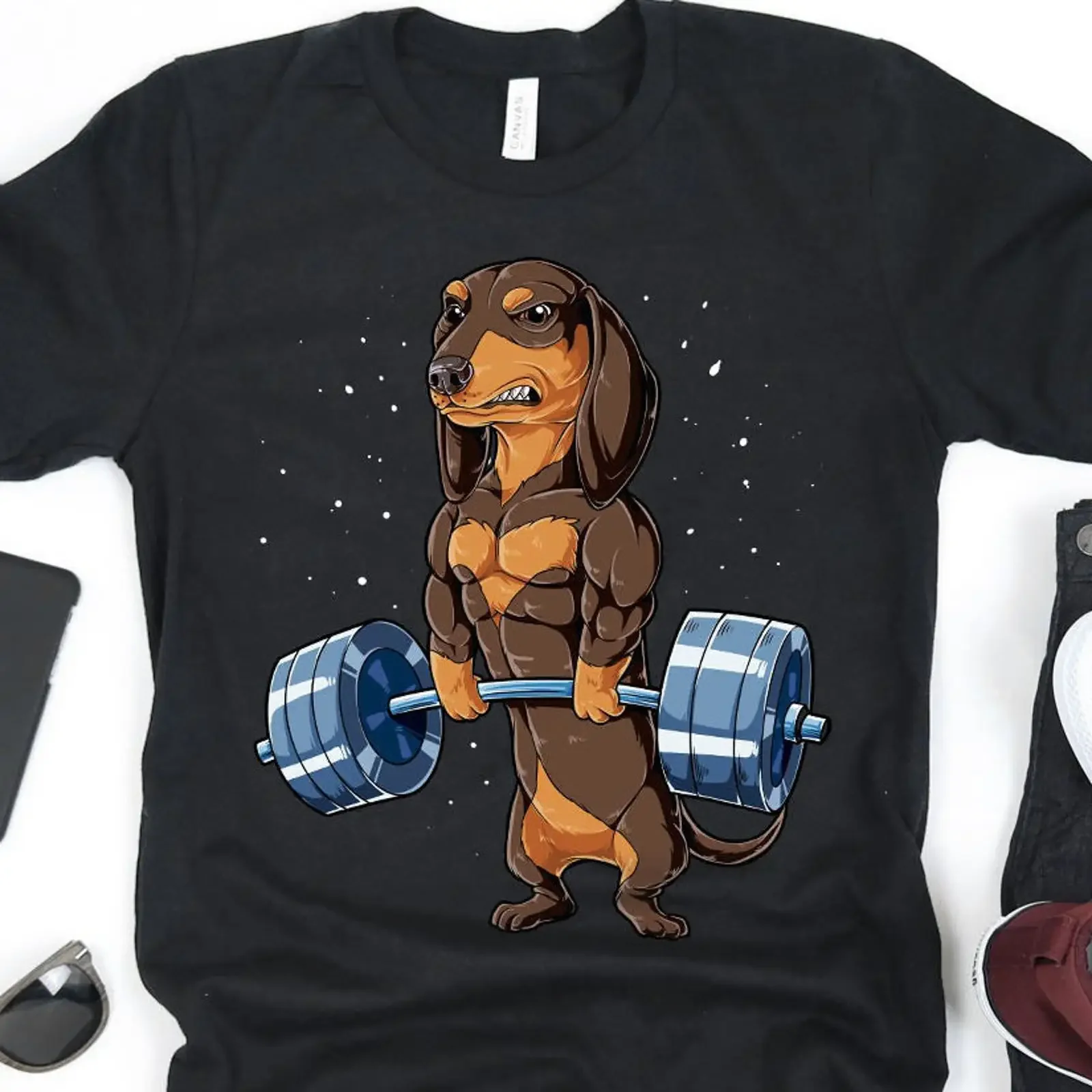 Funny Weightlifting Muscular Dachshund T Shirt Gym Workout Fitness Deadlift Casual Top For Dog Lovers Goers vintage Washed