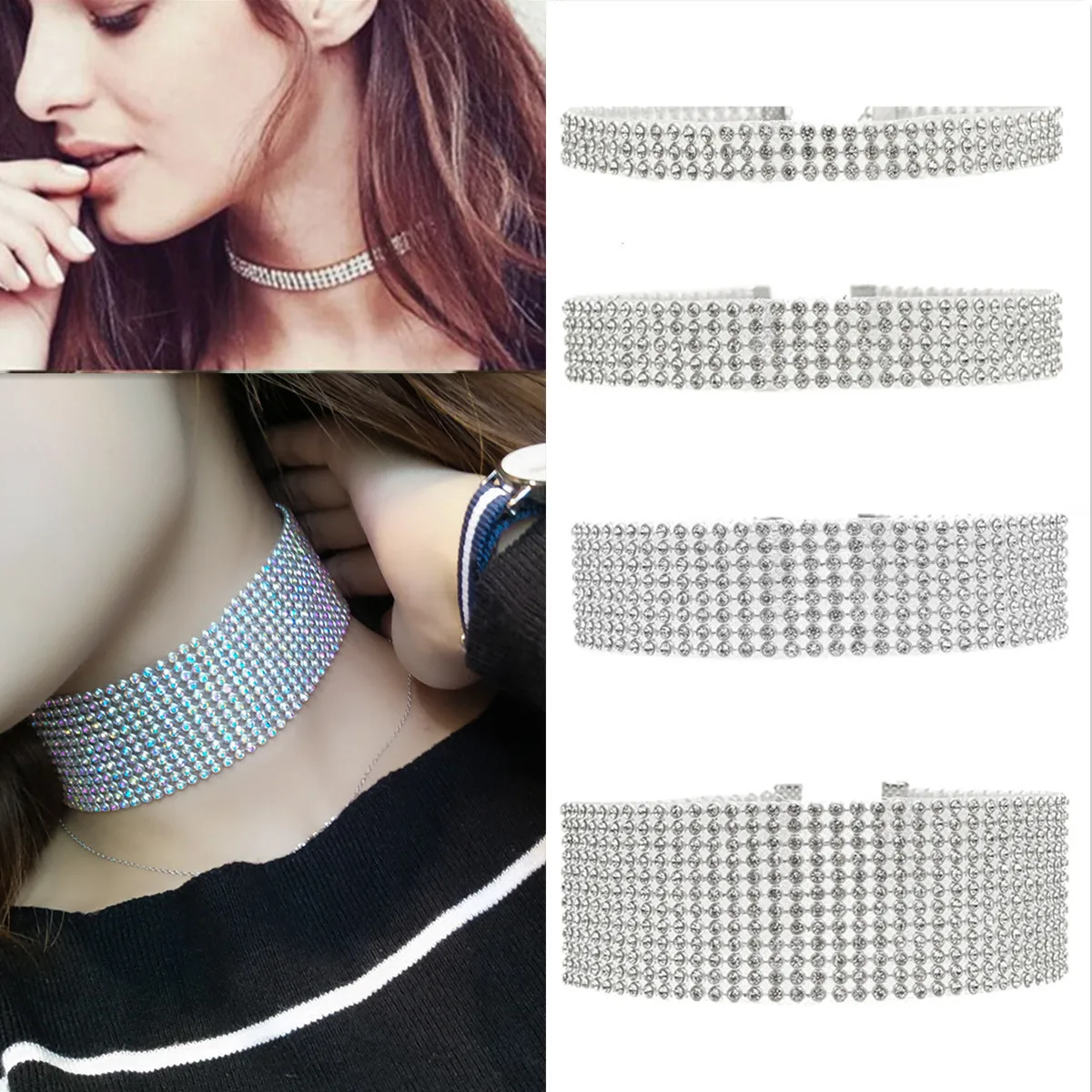 Bridal Wedding Choker Necklaces Silver Plated Clear Crystal Rhinestone Party Diamante Chokers Necklaces for Women