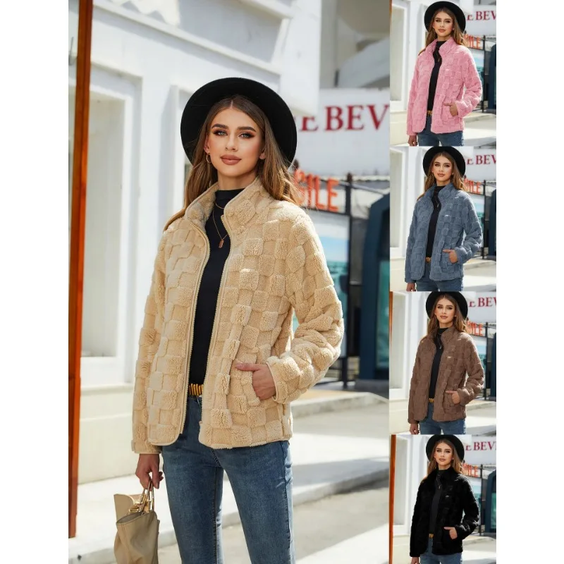 

Autumn And Winter New Cross-Border Europe America Women's Long-Sleeved Cardigan Zipper Loose Solid Color Plush Jacket Checker