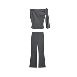 Women Sleek Stretch Stretch Knotted Top + Low Rise Pant Steel Grey Black Set