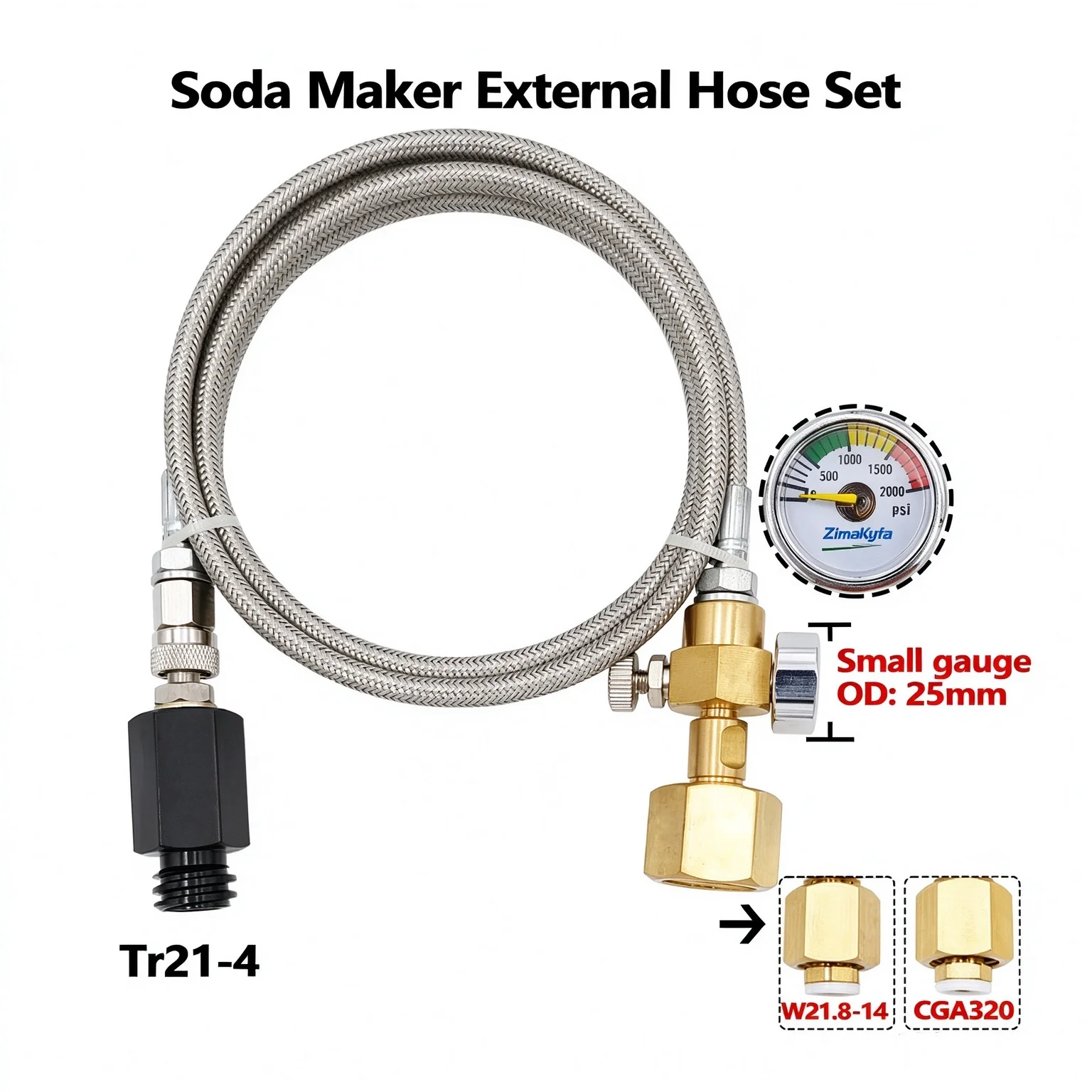 90cm Steel Braided Hose Kit W21.8 or CGA320, SodaStream Soda Club Sparkling Water Maker External CO2 Tank Adapter