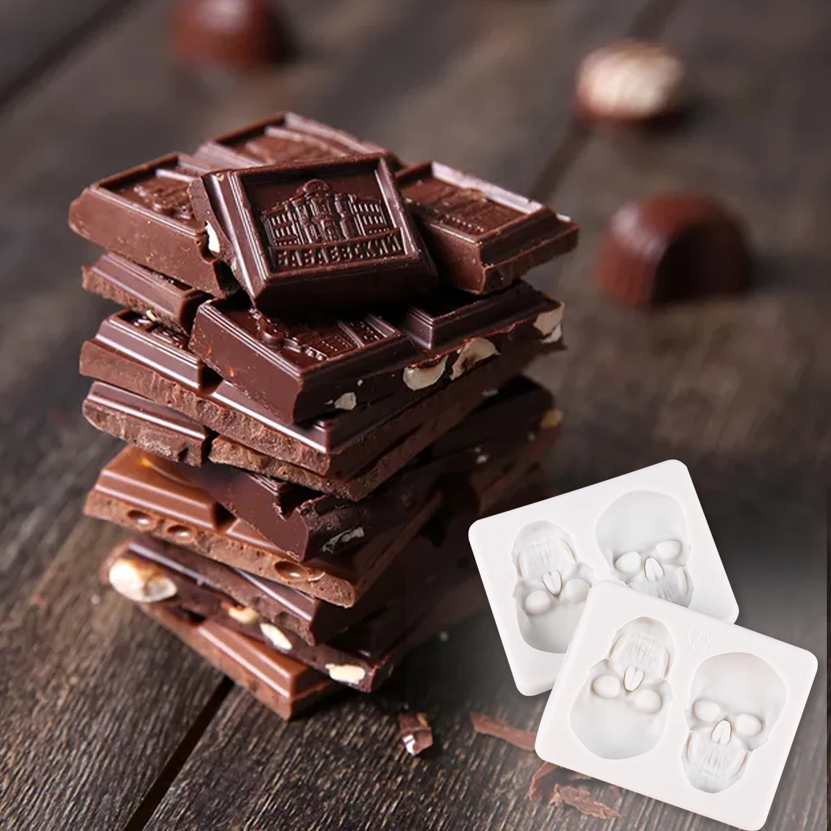 

2pcs Skull Mold Silicone Baking Supplies Non-Stick Halloween Cake Making Pan Rectangle Pastry Tool Candy Jelly Chocolate