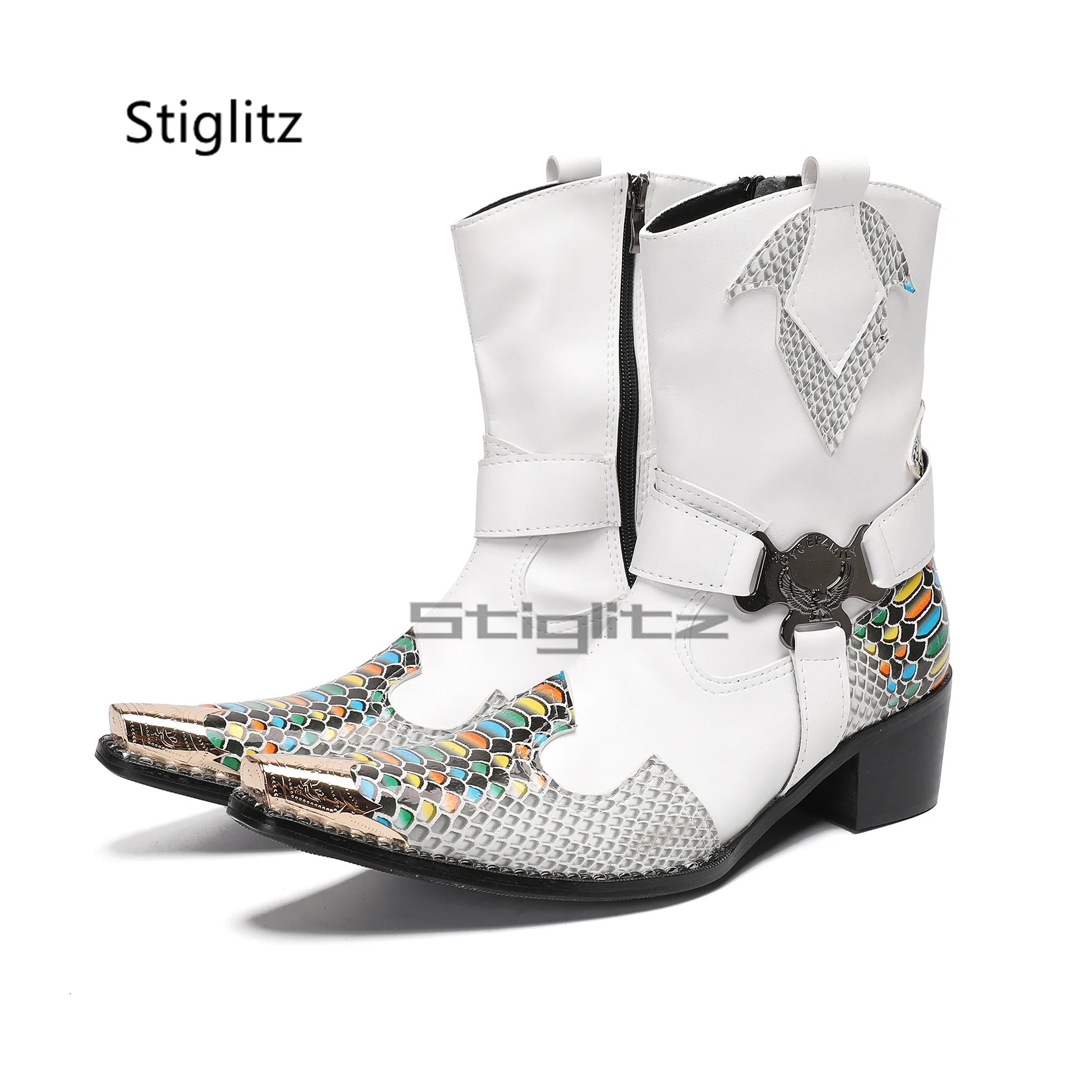 Genuine Leather Patchwork Men Chelsea Boots Metal Toe Side Zipper Buckle High Heels Ankle Boots White Business Wedding Shoes