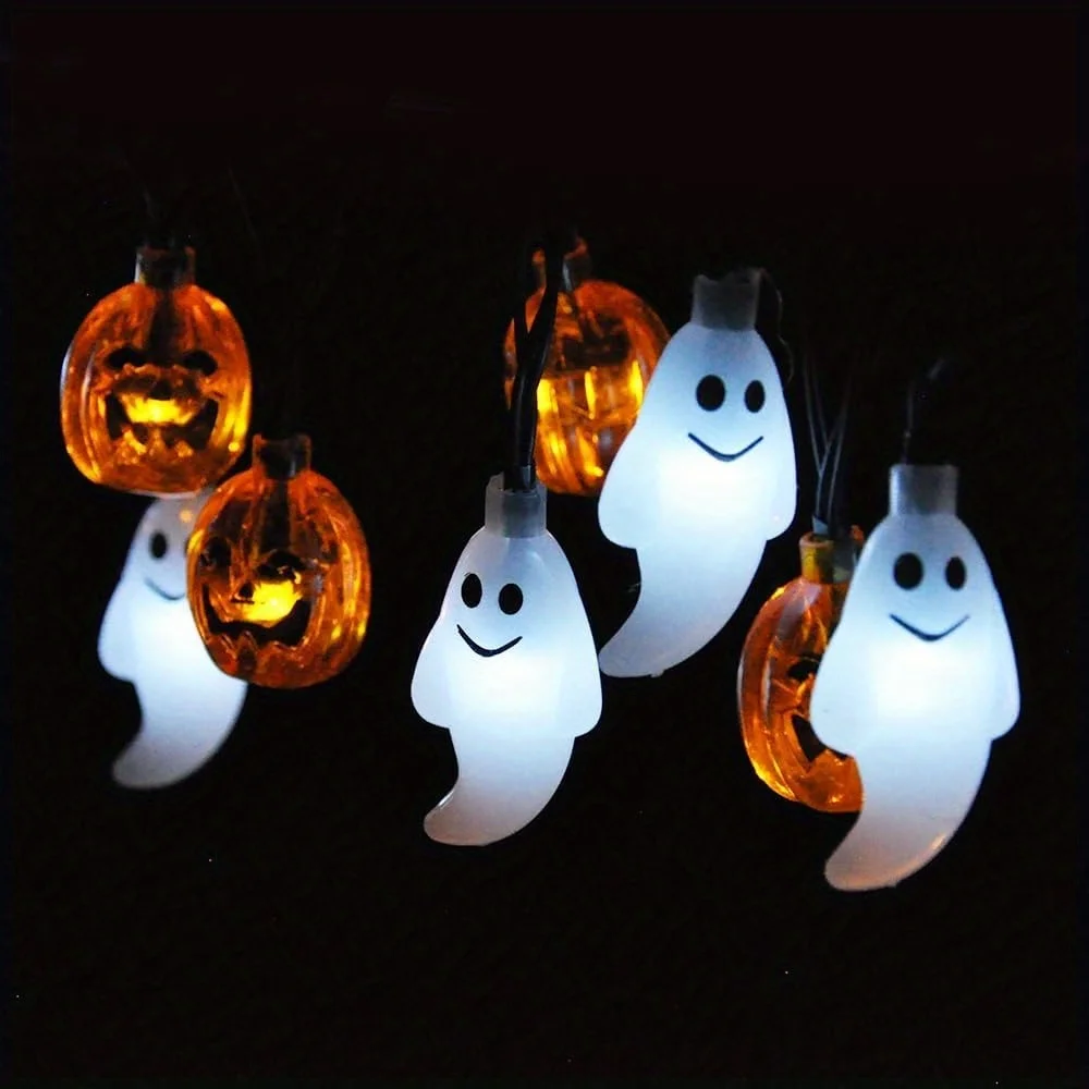 19.7FT 30pcs LED Battery Operated Ghost Pumpkin Halloween String Lights Decorations 3D String Light with 8 Lighting Modes for Home Indoor Outdoor Halloween Party Decor(Orange/White Color)