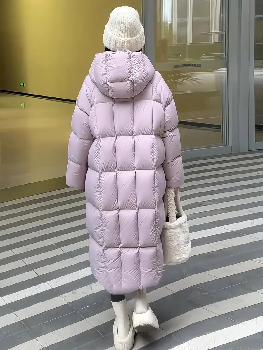 Loose Fit Long Puffer Jaet Women's Korean Sle White Du down Thiened Warm Outerwear Hooded Coat Purple Color