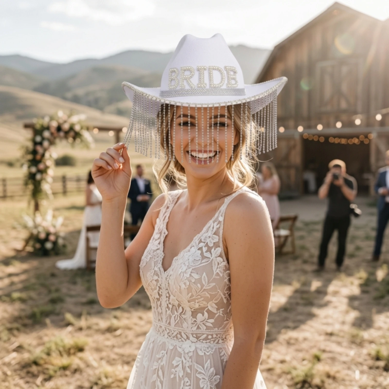Bride Hat with Rhinestones Rhinestone Cowgirl Hat with Fringe Bridal Statement for Bachelorette, Hen Party