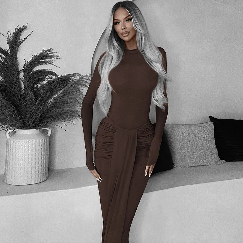 

Осенне-зимние облегающие платья в стиле ретро с круглым вырезом, цельные женские дизайнерские плиссированные платья с длинными рукавами и лентой