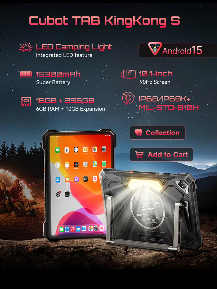  Tablet Android 15 Cubot TAB KingKong S, 15300 mAh Battery, 16GB(6+10), 256GB, 10.1-Inch 90Hz Display, Camping Light, 48MP Camera 