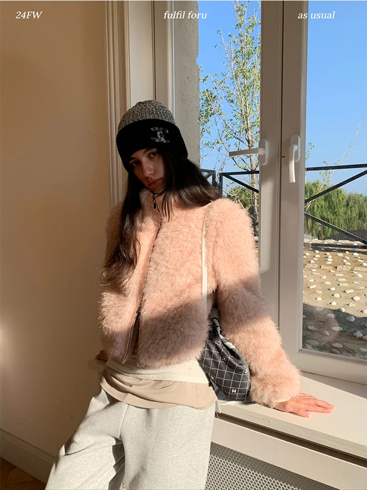 

Новое женское модное короткое пальто FFU с воротником, хлопковыми вставками, экологичным мехом, двойной молнией, в корейском стиле, с длинными рукавами