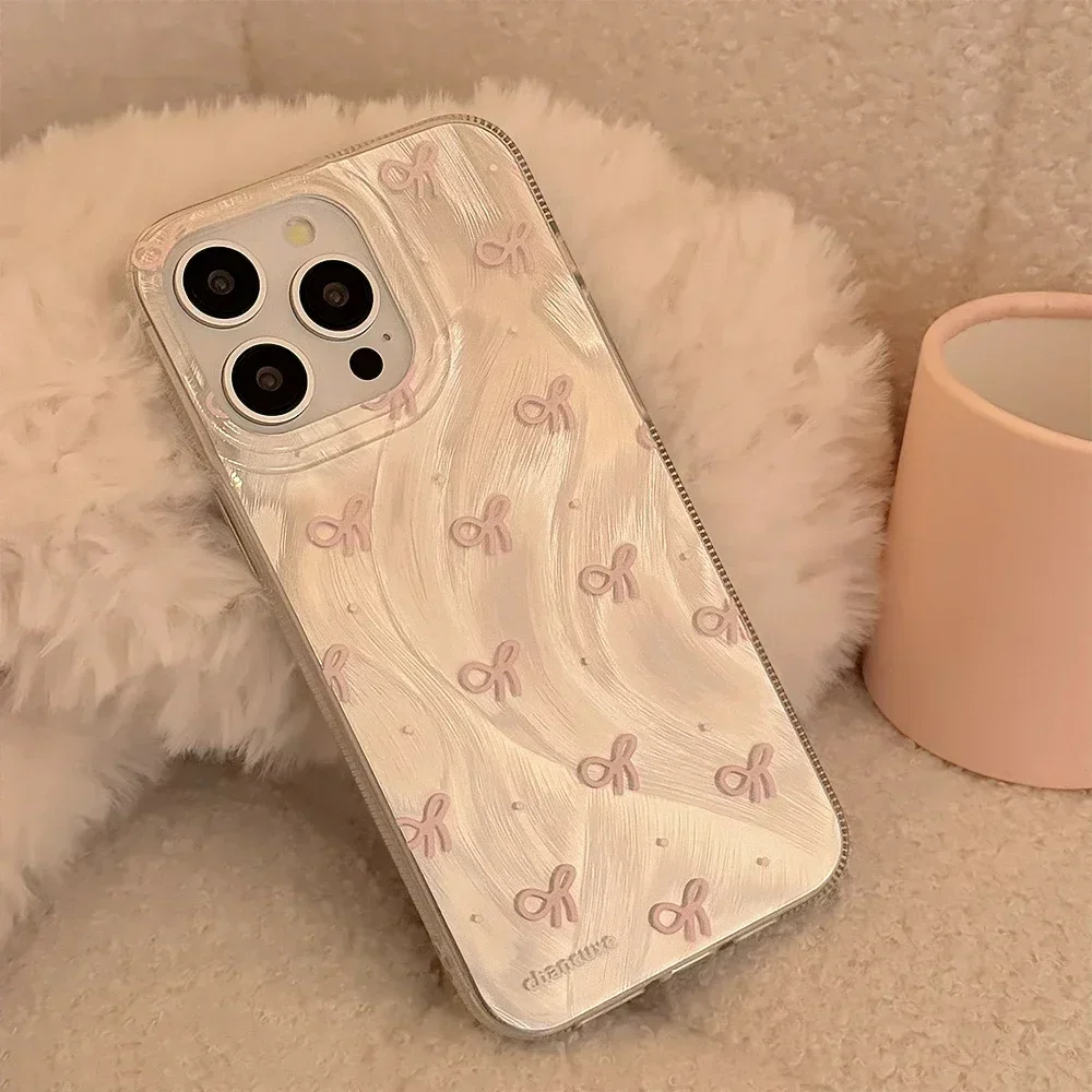 

Small Pink Bow Full Feather Veil Protection Phone Case for IPhone 16 15 14 13 12 11 Pro Max Plus Screen Case