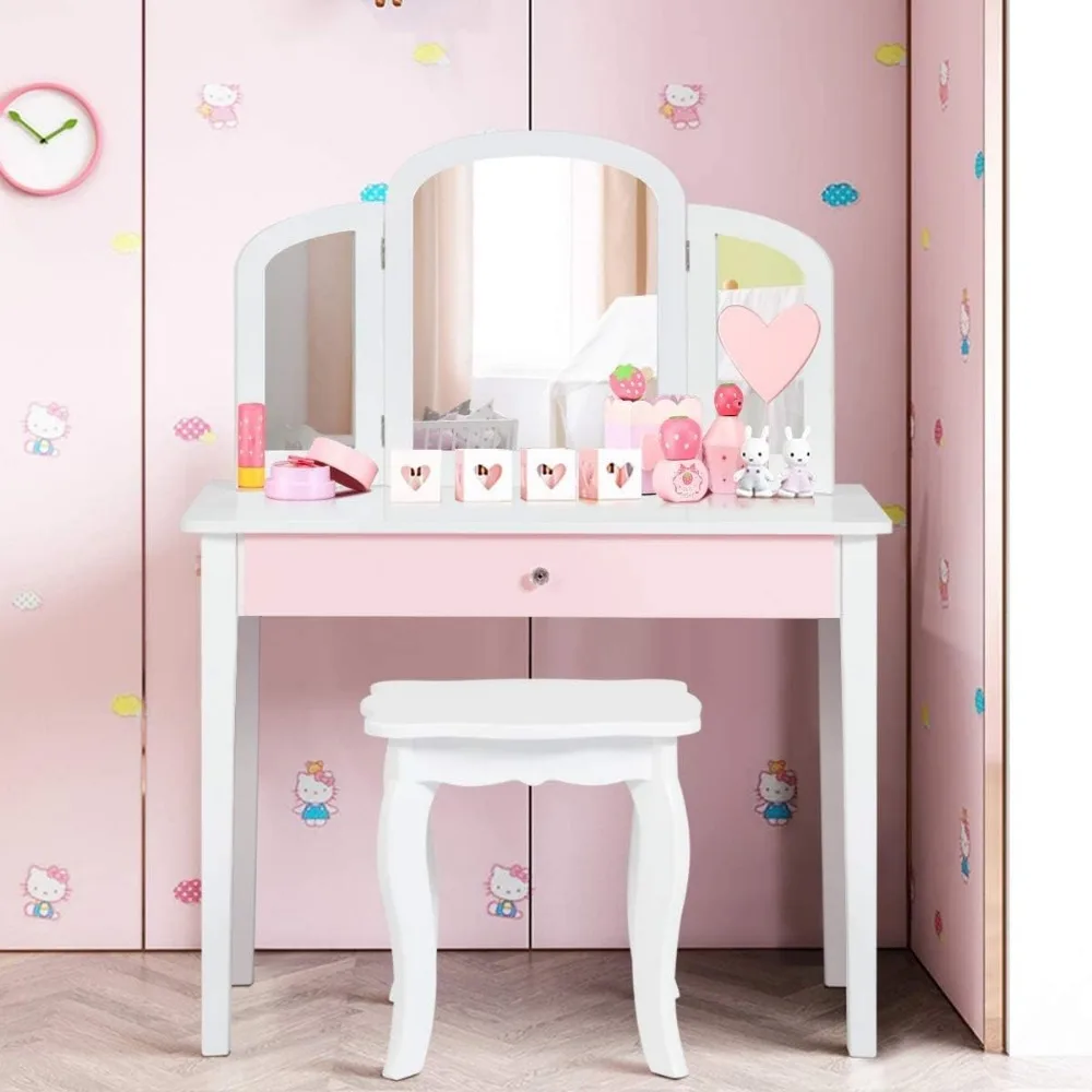 

Kids Vanity Set, Toddler Beauty Makeup Dressing Table w/Stool & Drawer, Tri-Fold Silver Mirror, Detachable Top